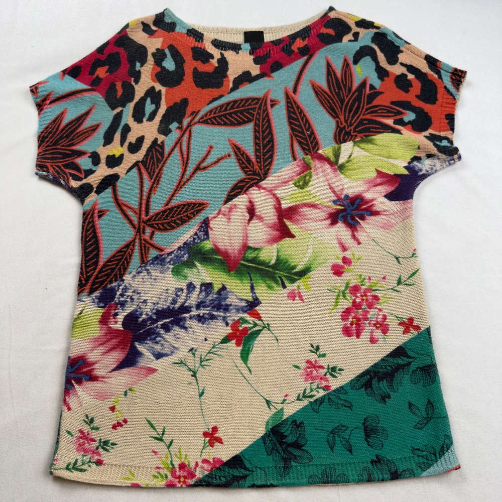 Madeleine Women's Linen Cotton Knit Top Mixed Floral Leopard Print Short Sleeve